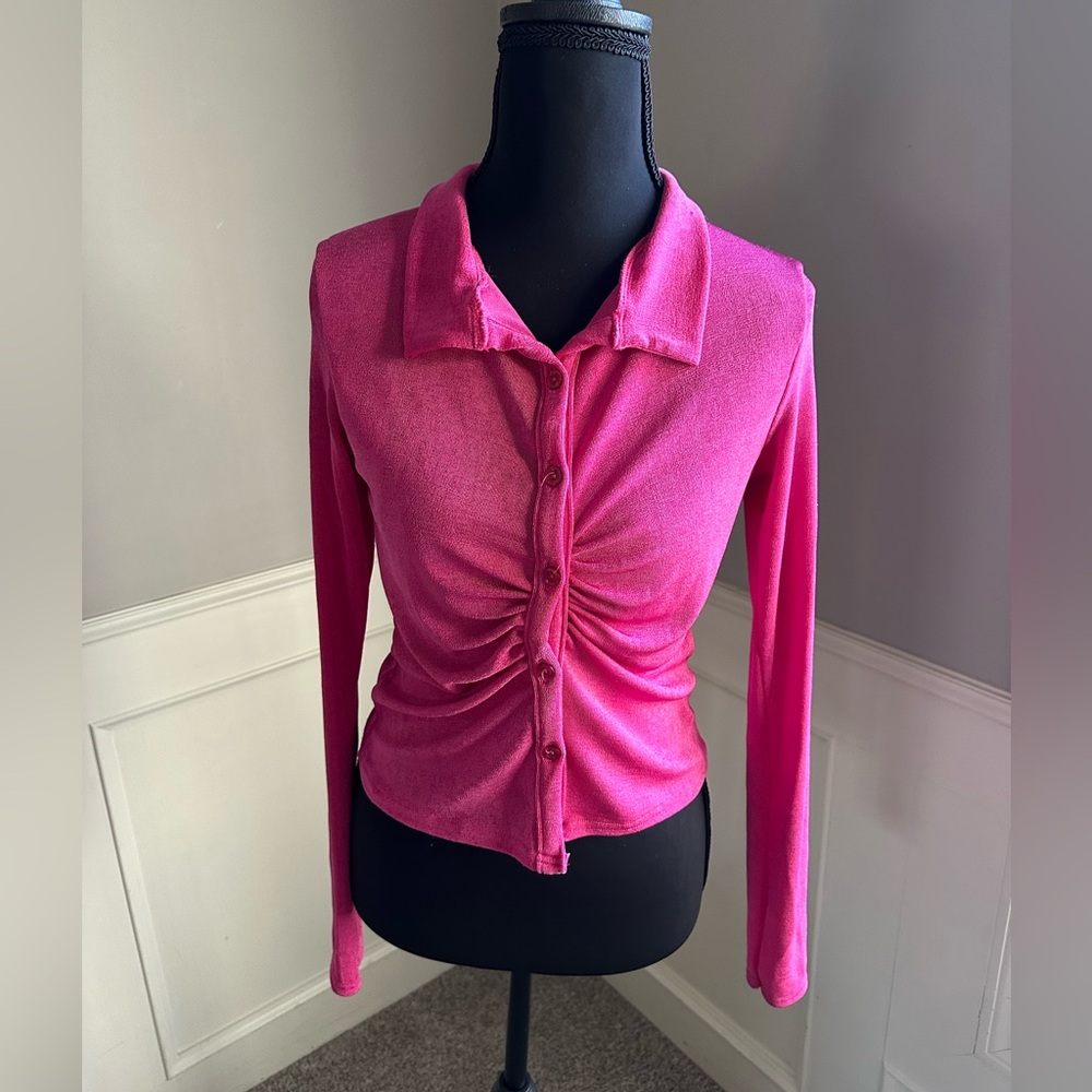 Boohoo Pink Ruched Button-Up Y2K Top | Size 6